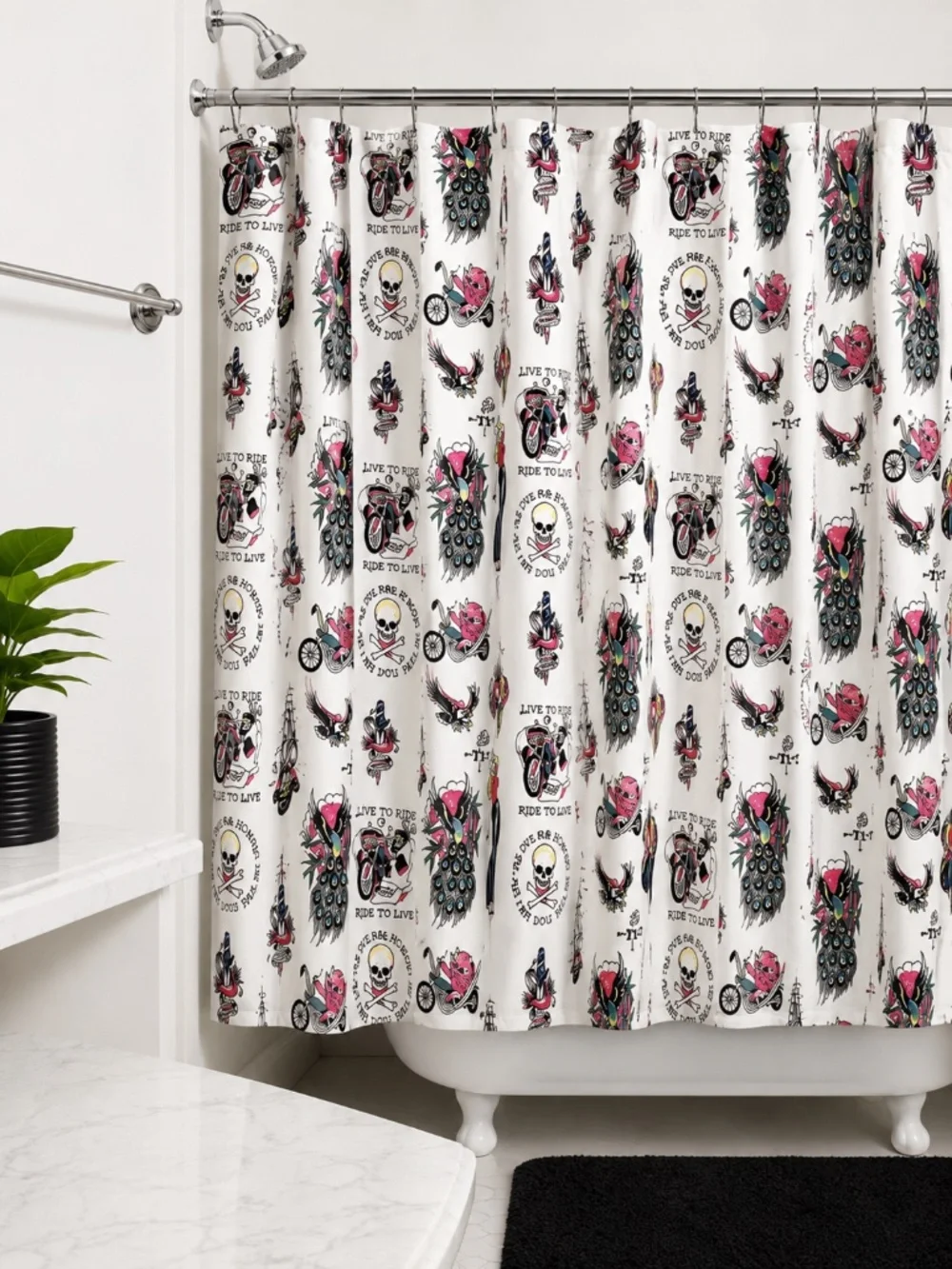 New Ed Hardy Motorcycle Skull Shower Curtain Set 72x72 PEVA Liner 12 Hooks